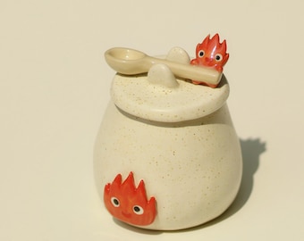 Zamów w przedsprzedaży Uroczy ceramiczny słoik Fire Demon z pokrywką i zestawem łyżeczek, Zestaw ceramicznych słoików na sól, Wystrój kuchni, Wystrój domu, Wyjątkowy prezent urodzinowy na Walentynki