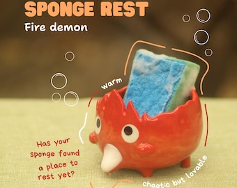 Pre-order Handmade Ceramic Sponge Holder, Fire Demon Kitchen Decor,Valentine Gift, Whimsical Dish Scrubber Holder,Gift for Home