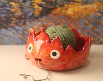 Joli bol en fil de céramique fait main démon de feu, bol à tricoter en poterie, cadeau d'anniversaire unique, cadeau art anime, cadeau pour elle, adorable poterie