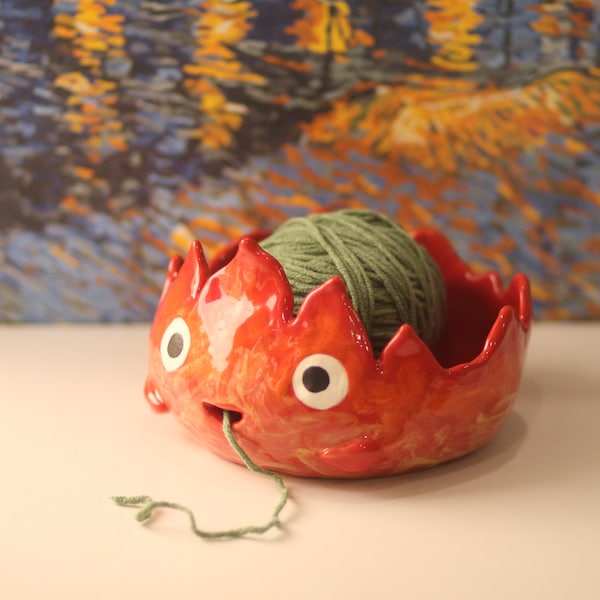 Pre-order Handmade Fire Demon Ceramic Yarn Bowl, Handbuilt Yarn Holder, Gift for her.