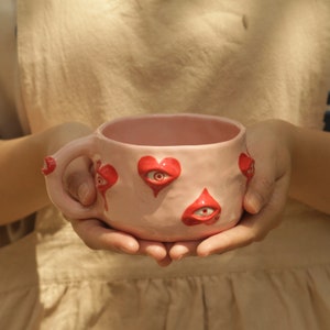 Pre-order Unique Eye Design Handmade Ceramic Coffee Mug,Art Birthday Gift,Evil Eye Tea Mug,Adorable Coffee Handbuilt Mug,Valentine Gift