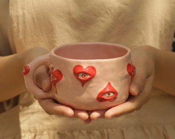 Zamów w przedsprzedaży unikatowy ręcznie robiony ceramiczny kubek do kawy z motywem oczu, artystyczny prezent urodzinowy, kubek do herbaty Evil Eye, uroczy ręcznie robiony kubek do kawy, prezent walentynkowy