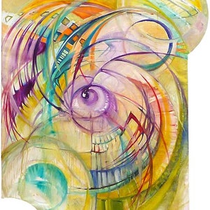 May include: Abstract painting with swirling lines and circles in shades of yellow, orange, green, purple, and blue.