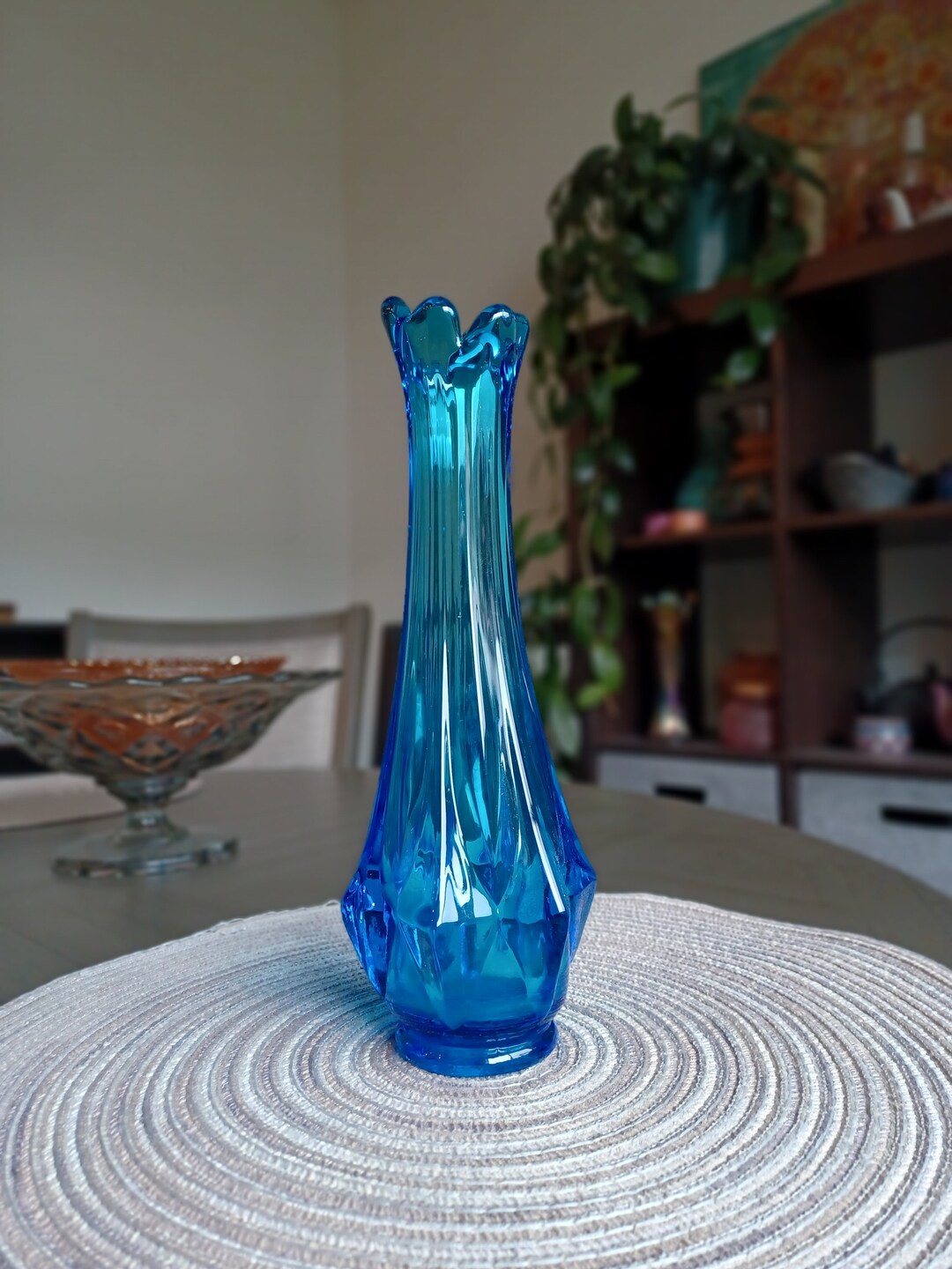 Blue Swung Vase MCM Midcentury Diamond Pattern Kanahwa Glass Etsy