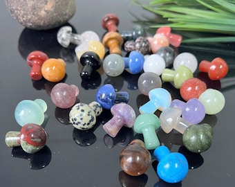 Peut inclure: Une collection de figurines de champignons en pierres précieuses polies et colorées. Les champignons sont faits de différents types de pierres, notamment l'améthyste, l'agate, le jaspe et la turquoise.