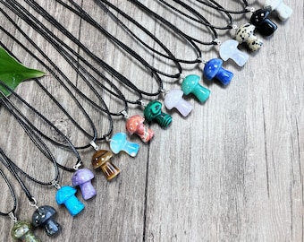 Assorted Crystal Mushroom Necklace, Mini Gemstone Pendant Necklace, Healing Crystal Gift, Mystery Crystal Necklace