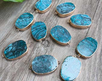 Blue Green Ocean Stone Connector, Gemstone Slab Connector with Gold Plated Edge and Double Bail