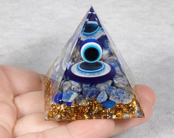 5 cm/6 cm Devils Eye Orgonite Pyramide Lapis Améthyste Ornement de pierres précieuses, décoration cristal de guérison feuille d'or, outil de méditation