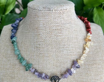 7 Chakra Crystal Necklace, Rainbow Crystal Chip Necklace with Tree of Life Charm, Meditation Necklace, Handmade Jewelry