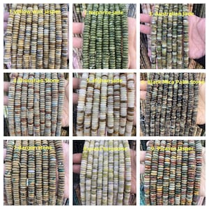 Op de afbeelding: Negen verschillende strengen edelsteen kralen worden getoond, elk met een unieke kleur en textuur. De kralen zijn gelabeld met namen als "yellow wax jasper", "Nephrite jade" en "Picasso jasper". De kralen zijn klein, plat en rond en worden waarschijnlijk gebruikt voor het maken van sieraden.