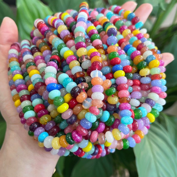 5x8mm Rainbow Rondelle Beads, Colored Jade Beads, Smooth Rondelle Gemstone Beads, 8mm Rondelle Beads Bulk, DIY Jewelry, Wholesale Beads