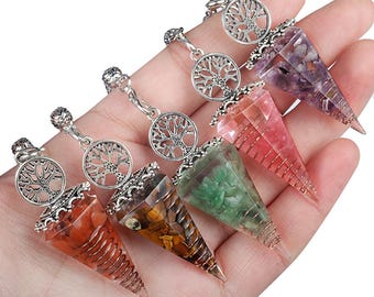 Pendule arbre de vie en cristal, perles de guérison, pendentif point, chaîne plaquée argent 20 x 52 mm