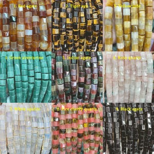 May include: Nine strands of square-shaped gemstone beads, each strand a different color and type of stone. The stones are: red agate, tiger eye, yellow jade, green aventurine, Indian agate, rose quartz, white opalite, fire cherry quartz, and black agate.