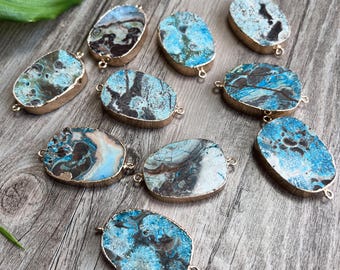 Ocean Jasper Connector, Natural Gemstone Slab Connector with Gold Plated Edge and Double Bail