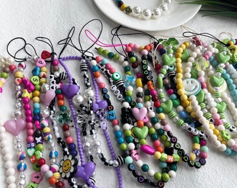 Y2K Beaded Phone Strap, 90s Beaded Phone Charm, Colorful Beaded Phone Cord, Cute Handmade Jewelry (You Choose)