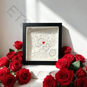 May include: A square black frame containing a white 3D relief map of a city street grid. A small, bright red heart is positioned in the center of the map. The framed map is surrounded by numerous vibrant red roses with green leaves.