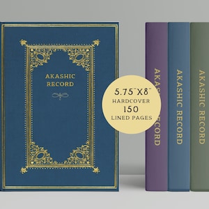 May include: A blue hardcover journal with gold accents and the text "AKASHIC RECORD" on the front cover. The journal is 5.75 inches by 8 inches and has 150 lined pages.