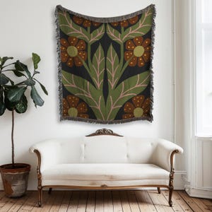 Stimmungsvolle Anthrazit-Grün-Magenta Floral gewebte Decke Cottagecore Überwurf Retro Matisse Inspirierte Tagesdecke Abstrakter Boho Botanischer Wandteppich