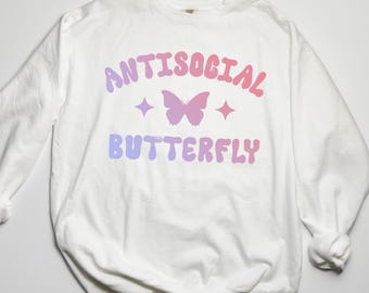 Antisocial Butterfly Sweatshirt Comfort Colors Introvert Gift Neurodivergent Mental Awareness Graphic Funny Sarcastic Vintage Sweat Shirt