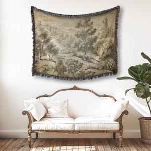 Neutral Beige Verdure Tapestry Wall Art French Countryside Pastoral Jacquard Textile Antique Woodland Scene Rustic European Home Decor