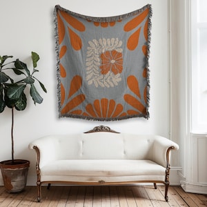 Grau & Orange Floral Matisse gewebte Decke Boho Blatt Midcentury Überwurf, Retro Wandteppich, gemütliche Jacquard Sofa Decke, Funky Modernist Dekor