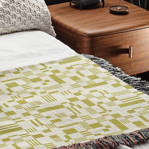 Green Checkered Midcentury Woven Blanket Boho Minimalist Throw Optical Retro Cotton Bedspread Abstract Geometric Couch Sofa Blanket