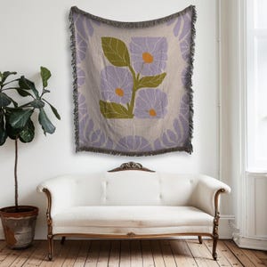 Lavender Purple Floral Matisse Inspired Woven Cotton Boho Midcentury Throw, Retro Tapestry, Cozy Jacquard Sofa Blanket Funky Botanical Decor
