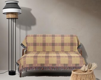 Retro geruite geruite geweven katoenen plaid picknickdeken uit het midden van de eeuw modern rood en groen raster kleurblok gezellige jaren 70 sfeer bankstel muur hangen