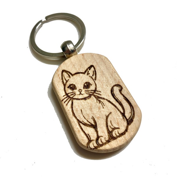 Wooden Charm Kitten Keychain, Keyring, Hanging