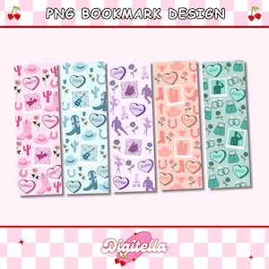 May include: Five colorful bookmarks with various designs. The bookmarks feature cowboy boots, hats, hearts, and other graphics. The text "PNG BOOKMARK DESIGN" is at the top. The bottom of the image has the text "Digitella".