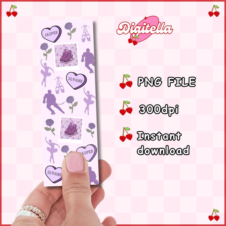 K&ouml;nnte beinhalten: Ein helllila Lesezeichen mit Illustrationen zum Thema Ballett, darunter T&auml;nzer, Spitzenschuhe und Rosen. Das Lesezeichen hat auch herzf&ouml;rmige Elemente mit Namen und ein zentrales Bild. Der Text "Digitella", "PNG FILE", "300dpi" und "Instant download" sind ebenfalls sichtbar.