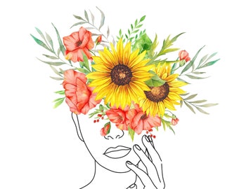 Feminine Blumenkrone, druckbare Wandkunst, Line Art, moderne Kunst, digitaler Download, digitale Kunst, Sofortiger Download