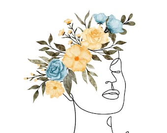 Feminine Blumenkrone, druckbare Wandkunst, Line Art, moderne Kunst, digitaler Download, digitale Kunst, Sofortiger Download