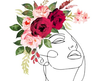 Feminine Blumenkrone, druckbare Wandkunst, Line Art, moderne Kunst, digitaler Download, digitale Kunst, Sofortiger Download