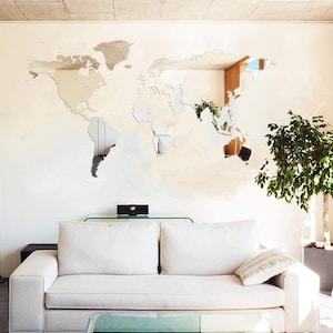 Carte du monde miroir mural, découpé au laser, décoration de la maison carte du monde en bois