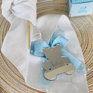 Tag / Bear placeholder in gold or silver rectangular mirrored plexiglass Baptism / Wedding / Wedding / Communion