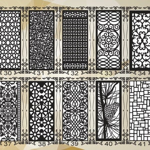 K&ouml;nnte beinhalten: Ein Satz von 12 schwarzen und wei&szlig;en dekorativen Laser-Schnittmustern, nummeriert von 29 bis 42. Die Designs sind kompliziert und geometrisch und weisen florale, geometrische und abstrakte Muster auf.