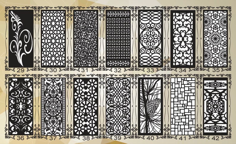 K&ouml;nnte beinhalten: Ein Satz von 12 schwarzen und wei&szlig;en dekorativen Laser-Schnittmustern, nummeriert von 29 bis 42. Die Designs sind kompliziert und geometrisch und weisen florale, geometrische und abstrakte Muster auf.