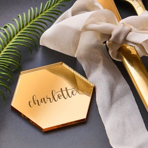 Tag / Hexagonal placeholder in gold or silver rectangular mirrored plexiglass Baptism / Marriage / Wedding / Communion
