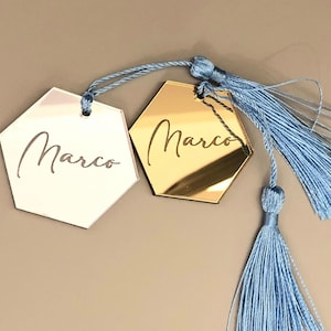 Tags / Espace réservé hexagonal en plexiglas rectangulaire miroir or ou argent Baptême / Mariage / Mariage / Communion
