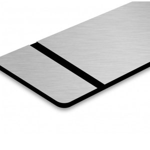 May include: A brushed silver metal sign with a black border. The sign is rectangular and has a slight bevel on the edges.