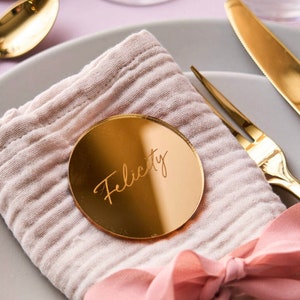 Tag / Segnaposto tondo in plexiglass specchiato rettangolare oro o argento Battesimo / Matrimonio / Nozze / Comunione