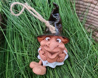 Ceramic bell Witch Collectible handmade Witch, Funny little gift for Her, Cute Witch with a big hat and dangling legs, Magic home decoration