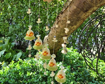 Carillon éolien en céramique, 5 cloches, bois flotté et fleurs d'oranger