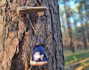Handmade Ceramic Fish Bell with Driftwood: Coastal Wall Hanging