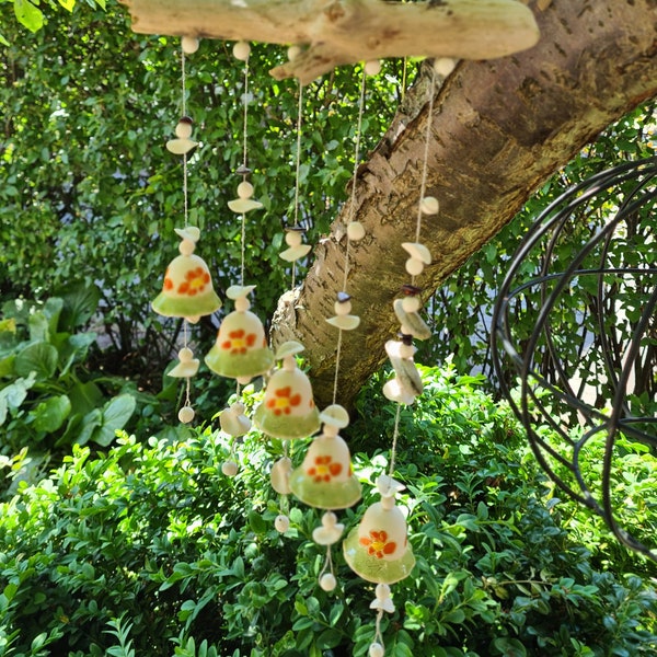 Carillon éolien en céramique, 5 cloches, bois flotté et fleurs d'oranger