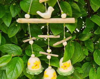 Handmade Ceramic Wind Chime: Bird & Floral Bells with Driftwood