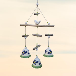 Ceramic wind chime 3 bells, little bird & driftwood, home/garden decor, wall hanging, Wall art, Hanging bells set,Handmade Wind Chime mobile