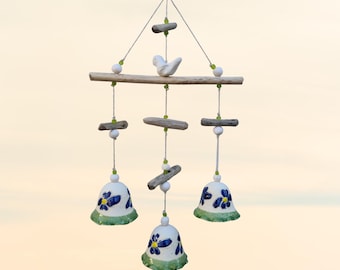 Handmade Ceramic Wind Chime: Bird & Floral Bells with Driftwood