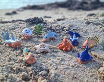Handmade Ceramic Nautical Figures: Sea Animal Miniatures, Set of 10